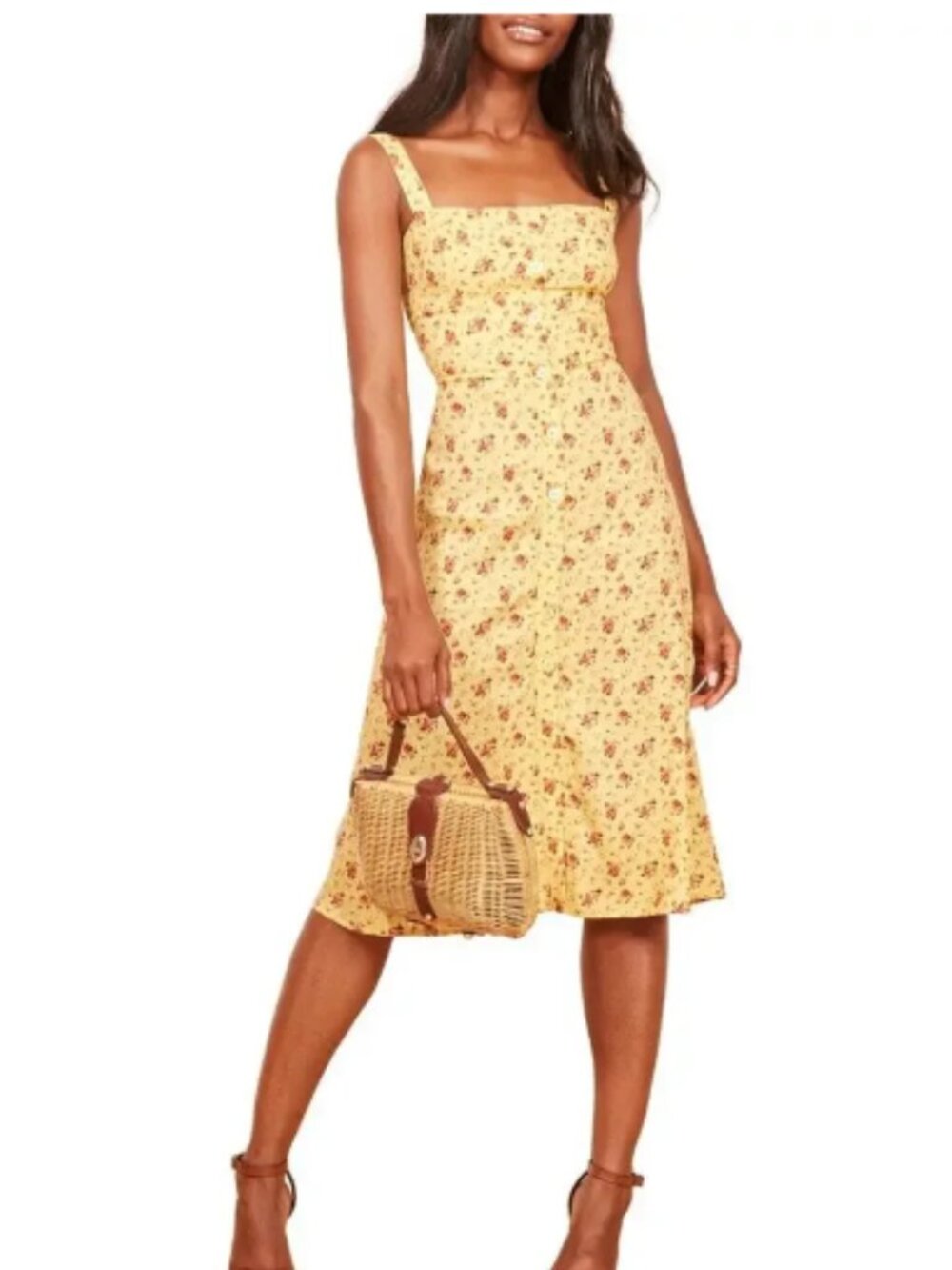 REFORMATION Zinnia Yellow Floral Button-Front Midi Dress, Persimmon, Size 2